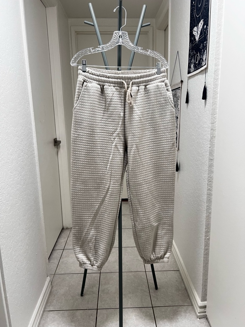Waffle Knit Drawstring Jogger Pants - Cream